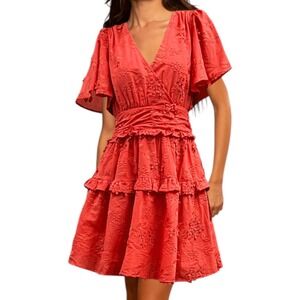 BTFL Life Madie Red Embroidered Ruffle Tiered Mini Dress V Neck Women's S